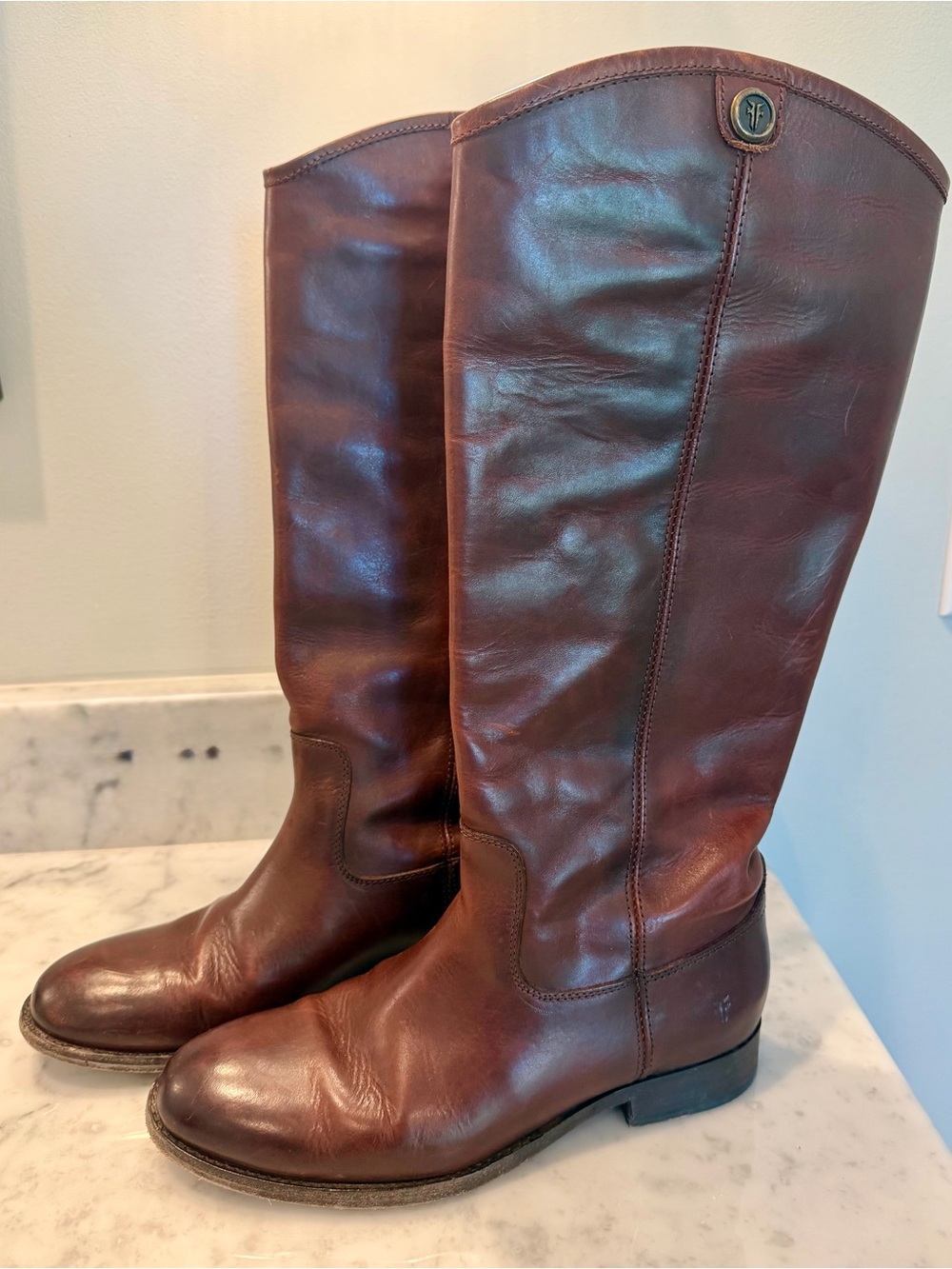Frye Tall Leather Melissa Button 2 Riding Boots in Redwood, Extended Calf Size 7